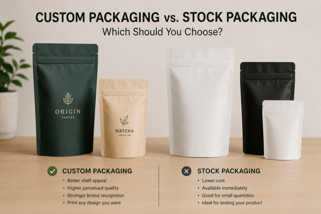 printed bags vs stock pouches