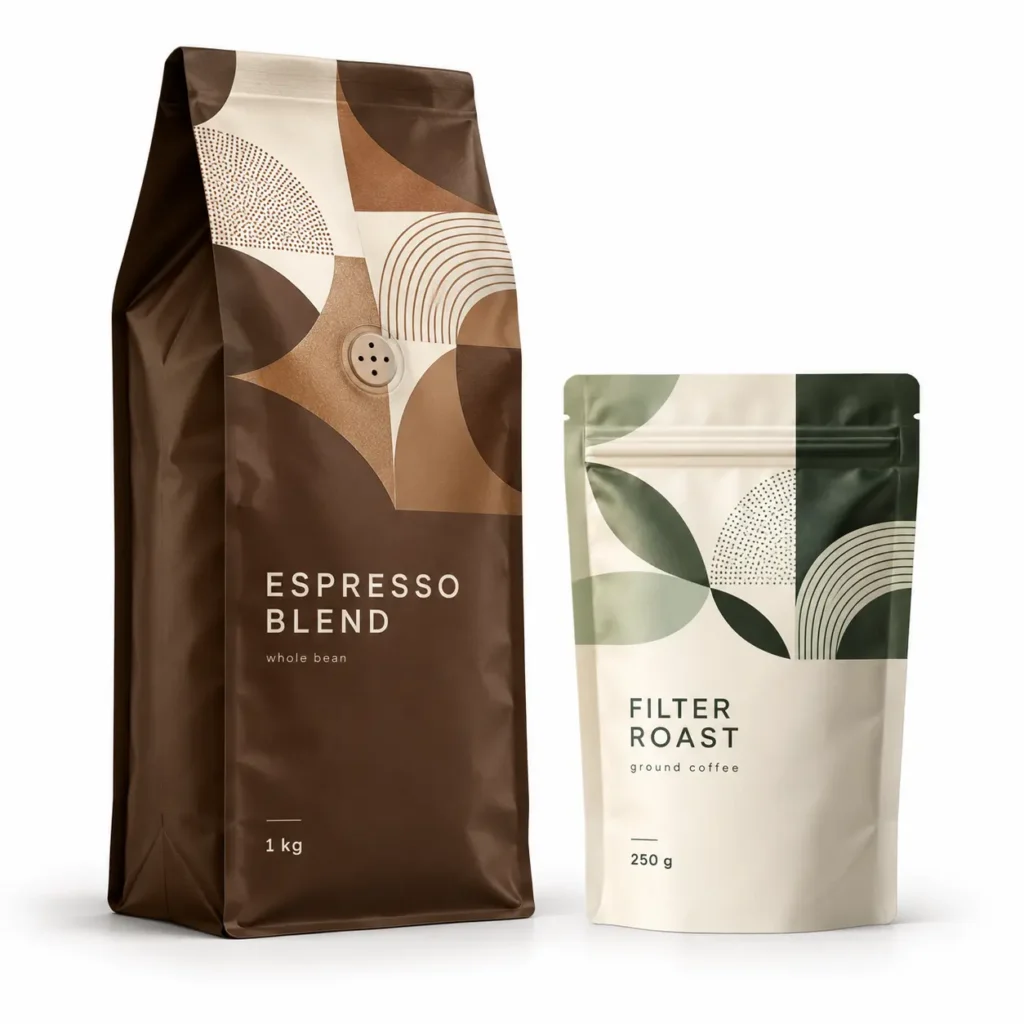 Custom printed coffee pouches, 1 kg side gusset bag and 250 g stand-up pouch