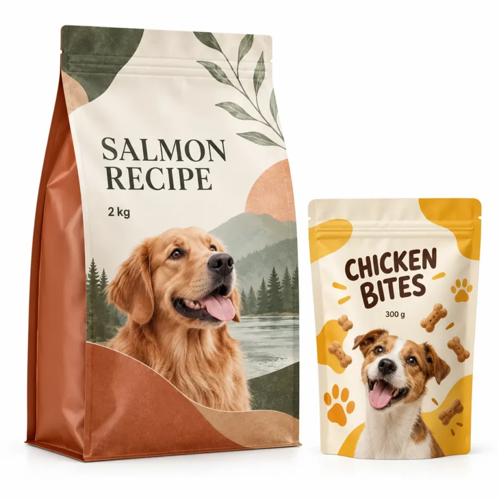 Custom printed pet food packaging, 2 kg flat bottom bag and dog treat pouch