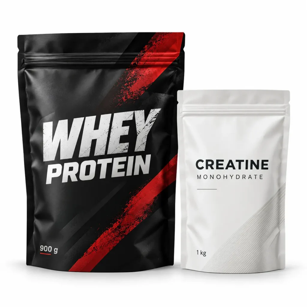 Custom printed supplement pouches for whey protein and creatine powder