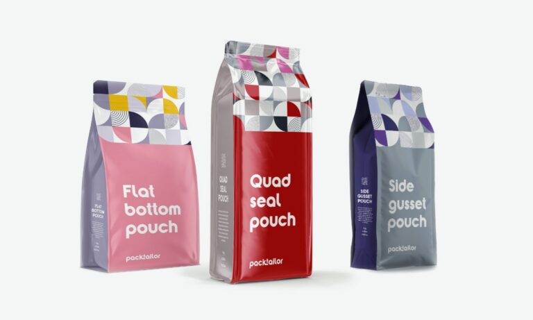 Quad seal pouch next to a flat bottom pouch and a side gusset pouch